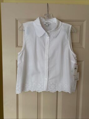 CeCe White Eyelet-Hem Sleeveless Button Front Top